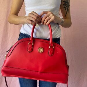 Leather Dome Satchel Bag – Red, Structured Handbag with Crossbody Strap